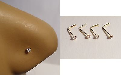 4 18k Gold Plated Clear Crystal Nose Studs L Shape Rings Posts 22 gauge 22g - I Love My Piercings!
