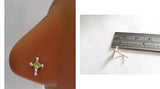 Sterling Silver Nose Stud Pin Ring L Shape Crystal Cross 20g 20 gauge Green - I Love My Piercings!