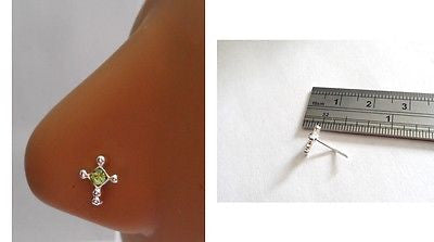 Sterling Silver Nose Stud Pin Ring L Shape Crystal Cross 20g 20 gauge Green - I Love My Piercings!