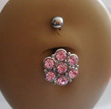 Surgical Steel Large Flower Belly Ring Barbell Pink Crystal 14 gauge 14g - I Love My Piercings!