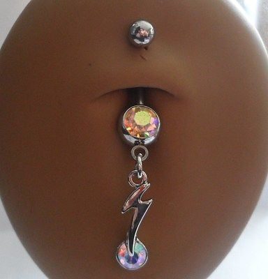 Surgical Steel Belly Ring Lightening Bolt Crystal Drop 14 gauge 14g Iridescent - I Love My Piercings!