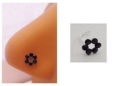 Sterling Nose Stud Ring L Shape Large Open Flower Crystal Black 20g 20 gauge - I Love My Piercings!