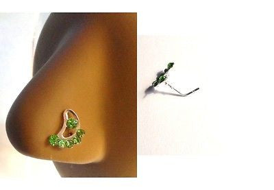 Green Crystal Nose Ring Stud Pin L Shape Sterling Silver 20 gauge 20g - I Love My Piercings!