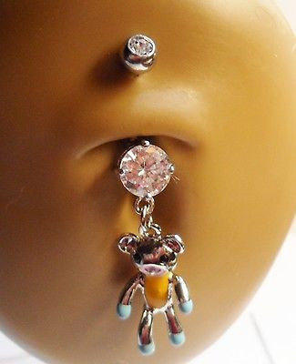Surgical Steel Belly Ring Dangle Teddy Bear Cute Clear Crystal 14 gauge 14g - I Love My Piercings!