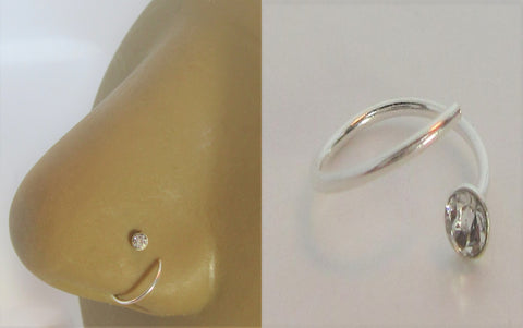 Sterling Silver Twisted Nose Clear Gem Stud Hoop 22 gauge 22g 8 mm Diameter - I Love My Piercings!