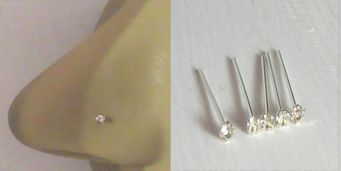 5  Sterling Silver Tiny 1 mm Crystal Gem Nose Studs Ubend Straight Pins 22 gauge - I Love My Piercings!