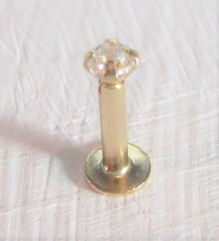 14K Yellow Gold Push Pin 6 mm Short Flat Back Stud Clear Gem 16 gauge - I Love My Piercings!